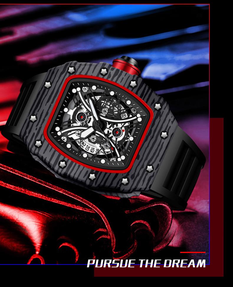 Men's Carbon Fiber Skeleton Tonneau Watch, Black Silicone Band, Sporty Quartz Wristwatch Men's Carbon Fiber Skeleton Tonneau Watch, Black Silicone Band, Sporty Quartz Wristwatch