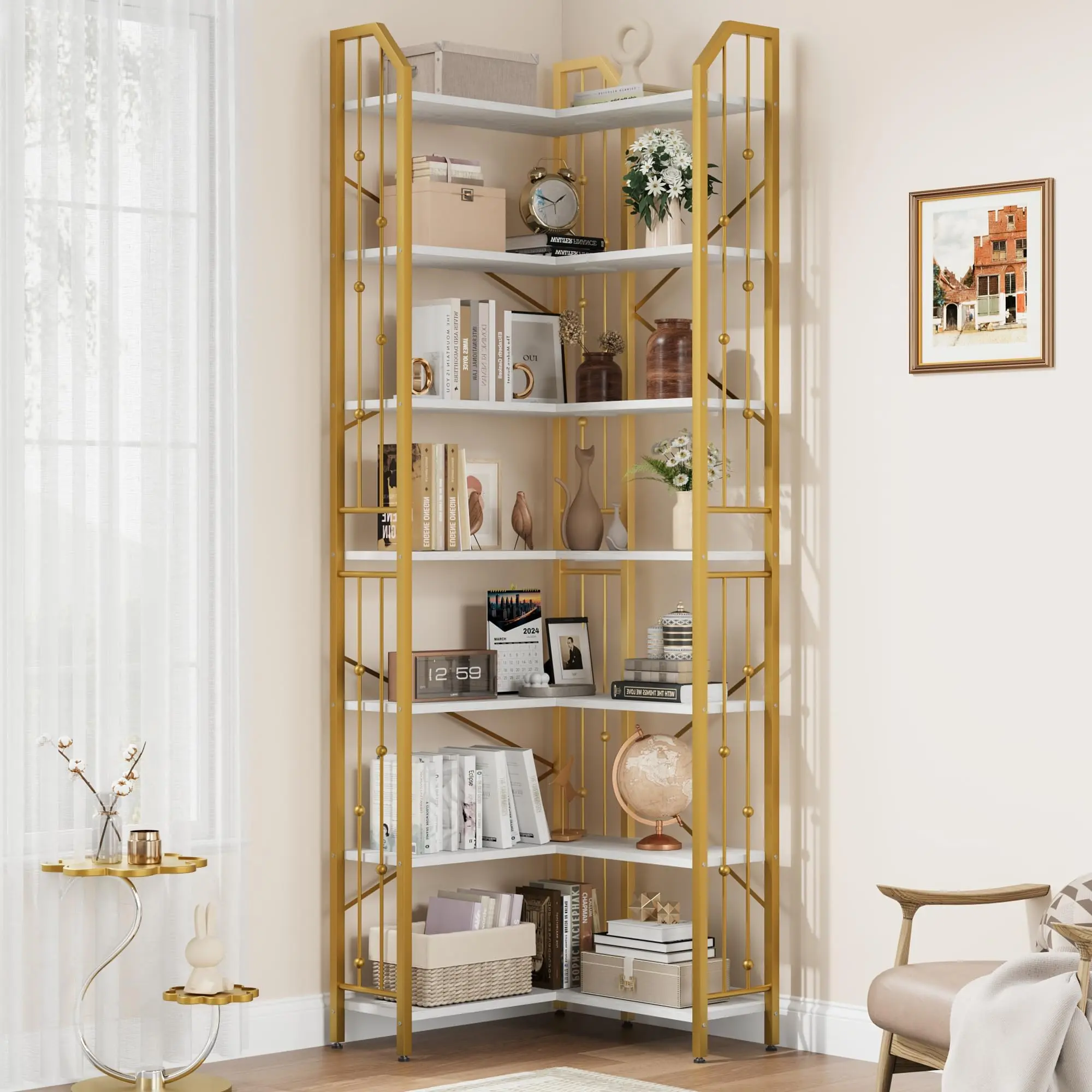 Garvee Sturdy L-Shaped Corner Shelf - Modern Bookshelf, 5/7-Tier Adjustable Metal Frame Floor Mount Book Storage Organizer for Living Room, Home Office