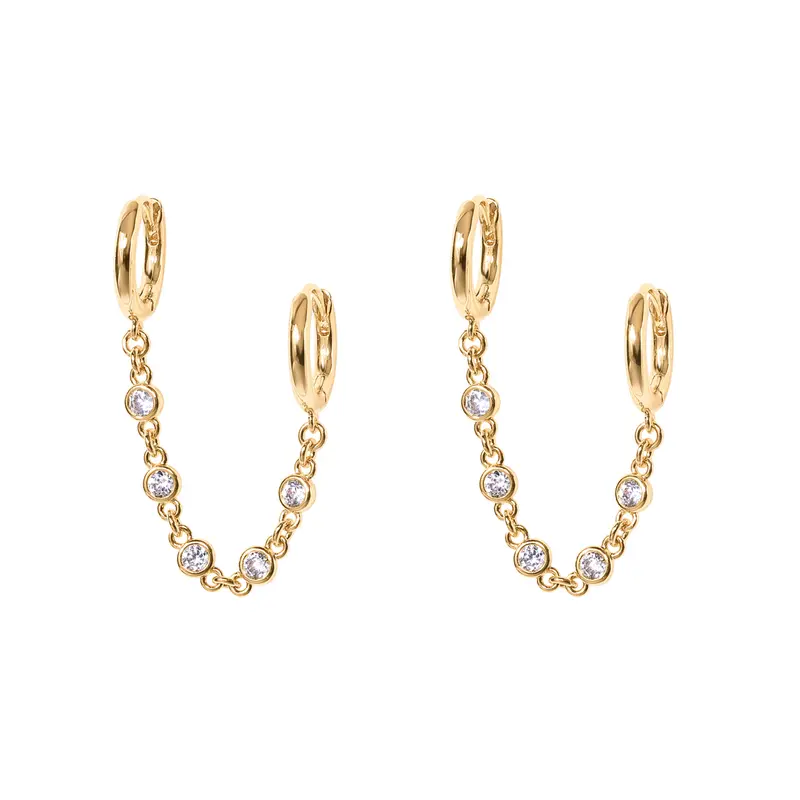 PAVOI 14K Gold Chain Earrings for Women | Double Piercing Dangle Chain Huggie Hoop Earrings | Cubic Zirconia Station Stud Ear Cuff Earrings for Women