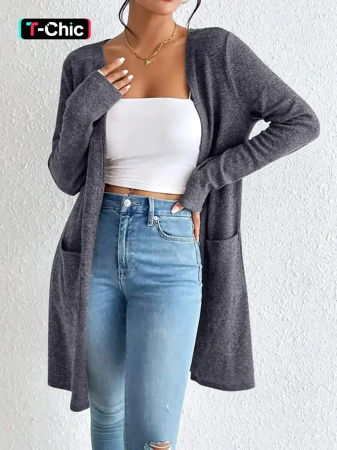 Women's Solid Long Sleeve Fitted Longline Cardigan, Elegant Fashion Casual Knitwear for Daily Outdoor Wear, Autumn Winter Wear, Women Knitting Clothing for Fall & Winter, Lady Tops, Womenswear