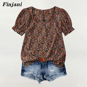 FINJANI Plus Size Retro Floral Puff Sleeve Top Boho Ditsy Print Square Neckline Flowy Fabric Comfy Summer Blouse Women's Casual Fashion Wear