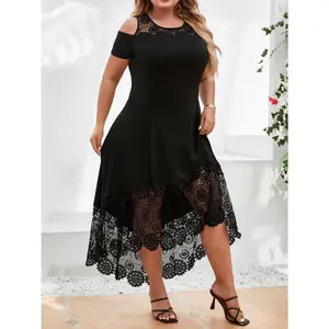 Plus Size Asymmetrical Lace Panel Cold Shoulder Dress with Medium Stretch