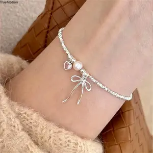Sweet Pink Love Bow Bracelet - 925 Sterling Silver Pearl Chain Korean Vintage Perfect for Party Birthday Gifts