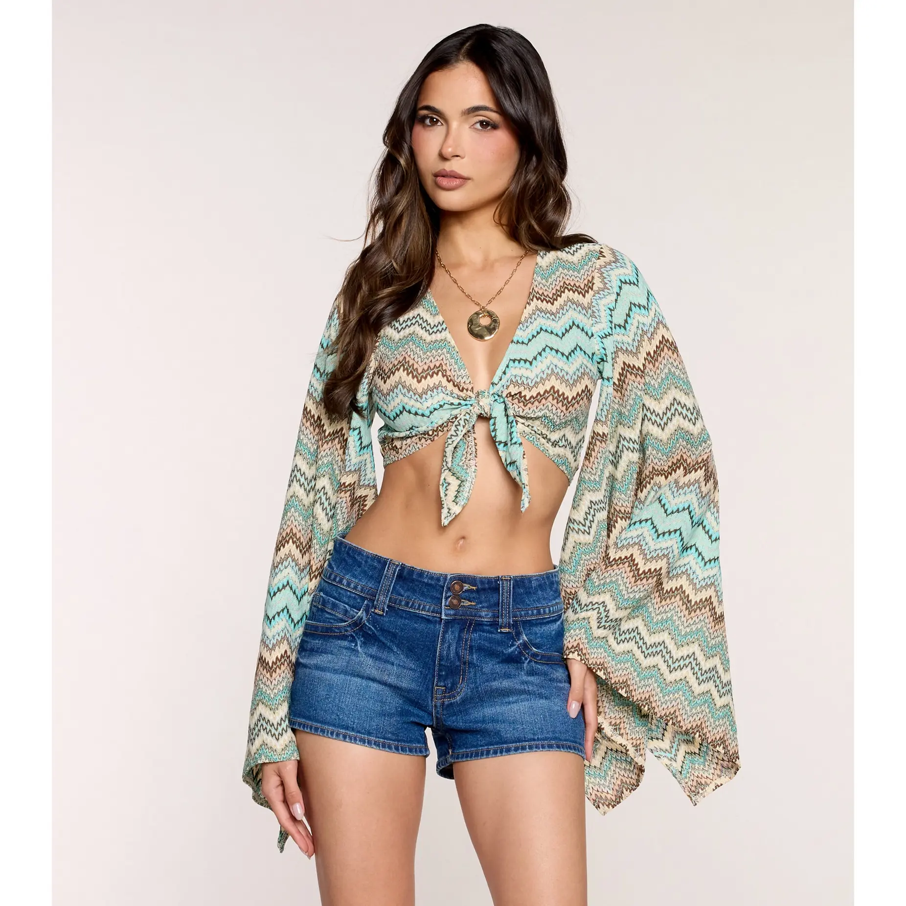 Good Vibes Flare Sleeve Tie-Front Top
