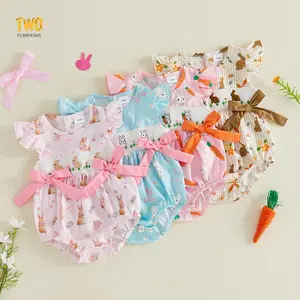 Easter Infant Baby Girl Romper Flying Sleeve Crew Neck Bunny Embroidery Bow Decor Jumpsuit