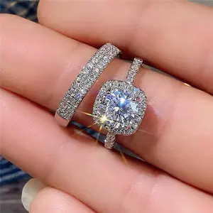 Engagement RoyalSquareis 2PCS Full Diamond Square CZ Ring Set - Micro-Insert Craftsmanship for Maximum Sparkle & Luxury Finish