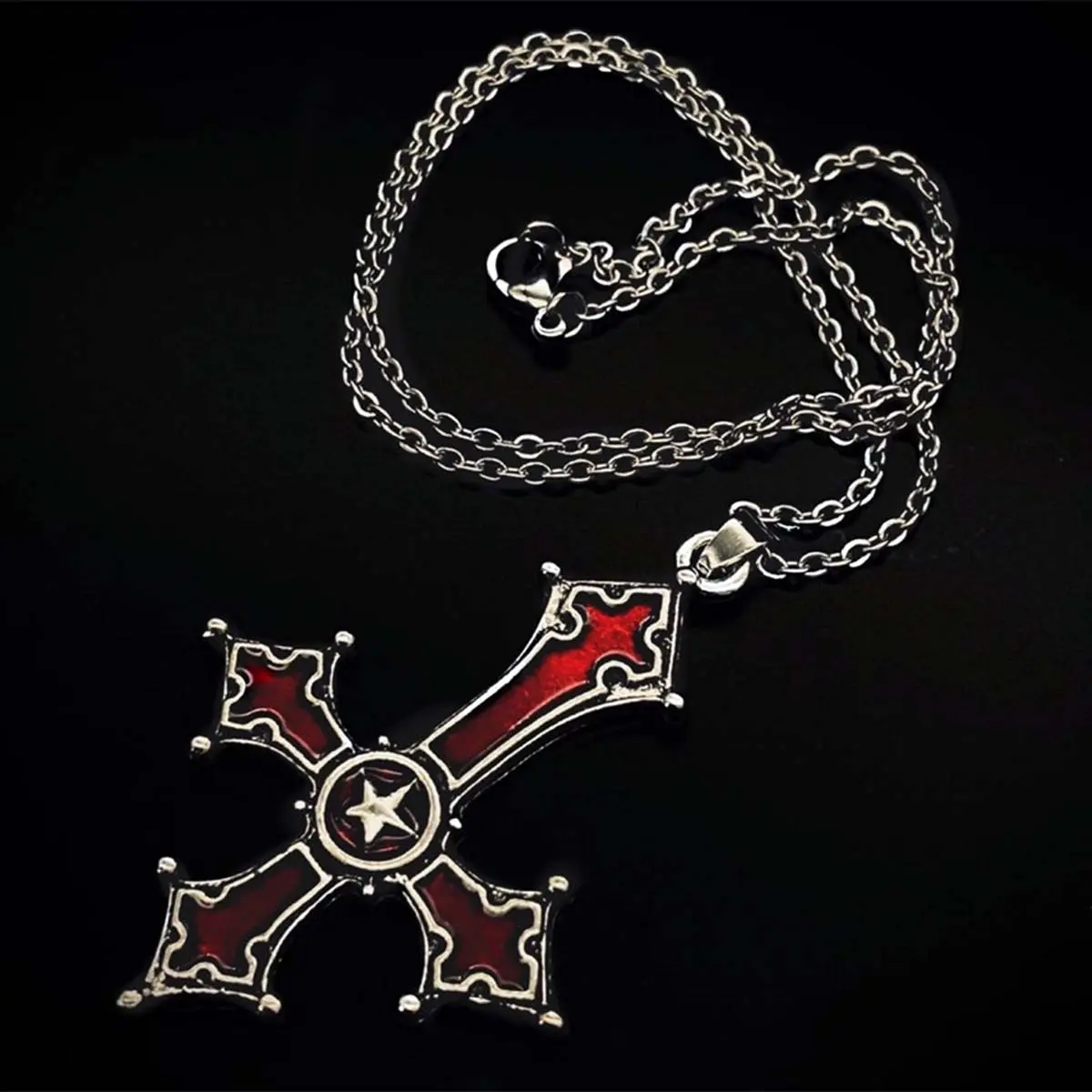Unisex Gothic Inverted Cross Artificial Gemstone Statement Chain Necklace - Red-Black Long Chain, Exquisite Faith Pendant with Necklace, Everyday Wear Gothic Look Accessory, Costume Jewelry Necklace, Exquisite Trendy Pendant