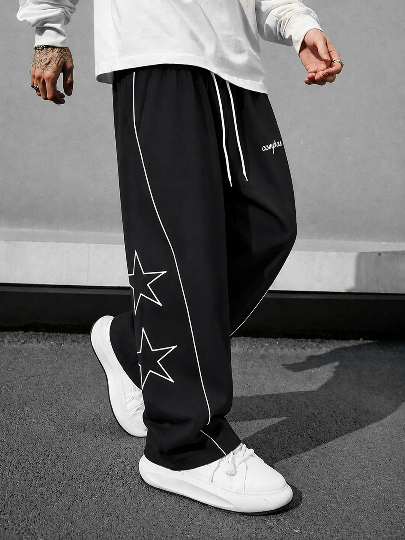 Men's Chic Wide Leg Track Pants with Geometric Star Print, Preppy Casual Basics with a Drawstring Waist for Street Style, Graphic, Sporty Chic, Mid Waist, Retro, Vintage, Work, Woven, H Type