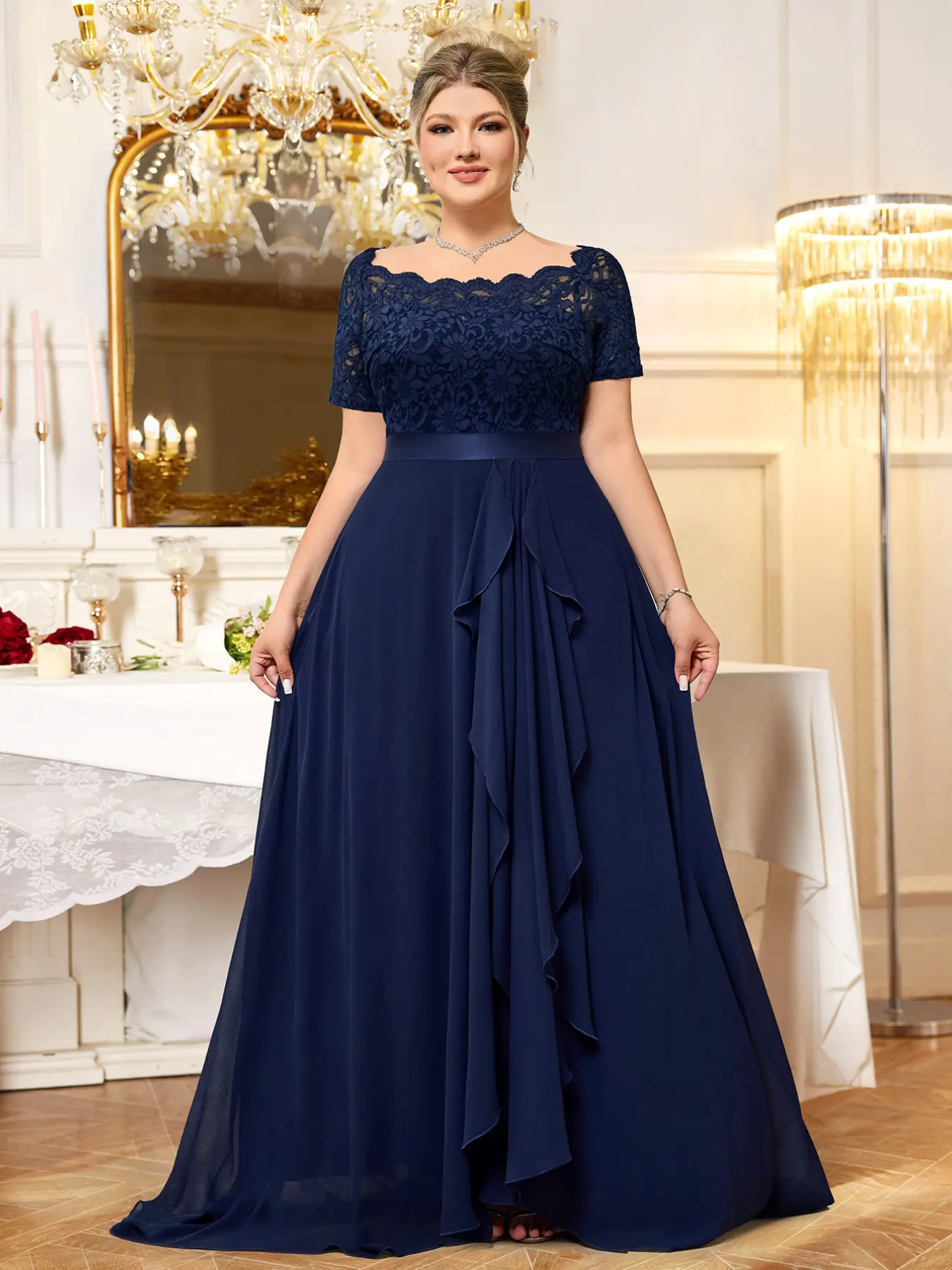 MISSMAY P25640A Plus Lady Boat Neck Floral Lace Contrast Ruffle Trim Chiffon Hem Chic Feminine Elegant Formal Party Maxi Dress, Homecoming Dress, Prom Evening Wedding Guest Gown, For Graduation, Dinner, Elegance, Womenswear, Embellished Glam Gown