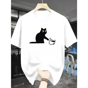 Men's funny black cat with yellow eyes holding a coffee cup Graphic T-Shirt - Short Sleeve Crew Neck Regular Fit Casual Wear | Soft & Breathable Fabric, Durable Print, Everyday Comfort, Machine Washable, casual and playful daily wear, home relaxation, or