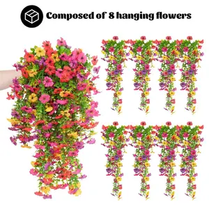 8 PCS Faux Silk Daisy with Eucalyptus Leaves, Artificial Fake Hanging Flowers Plants for Outdoor Autumn Decoration,UV Resistant Look Real Long Trailing Vines for Outside Home Indoor Planter Porch Patio Balcony Yard Decor, Hanging Simulated Daisies