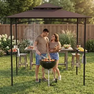 8ft x 7ft Patio Grill Gazebo, 2-Tier BBQ Canopy Shelter, Easy Assembly Design, with Built-in Side Shelves, Multi Hanging Hooks, Reinforced Legs, for Backyard Garden BBQ Party & Outdoor Cooking