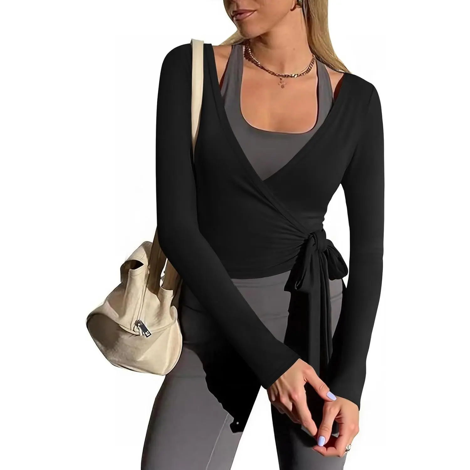 Yousify Womens Wrap Tie Tops Y2k Long Sleeve Ballet Pilates Yoga Workout Shirts Deep V Neck Casual Active Wear Athletic Fashion