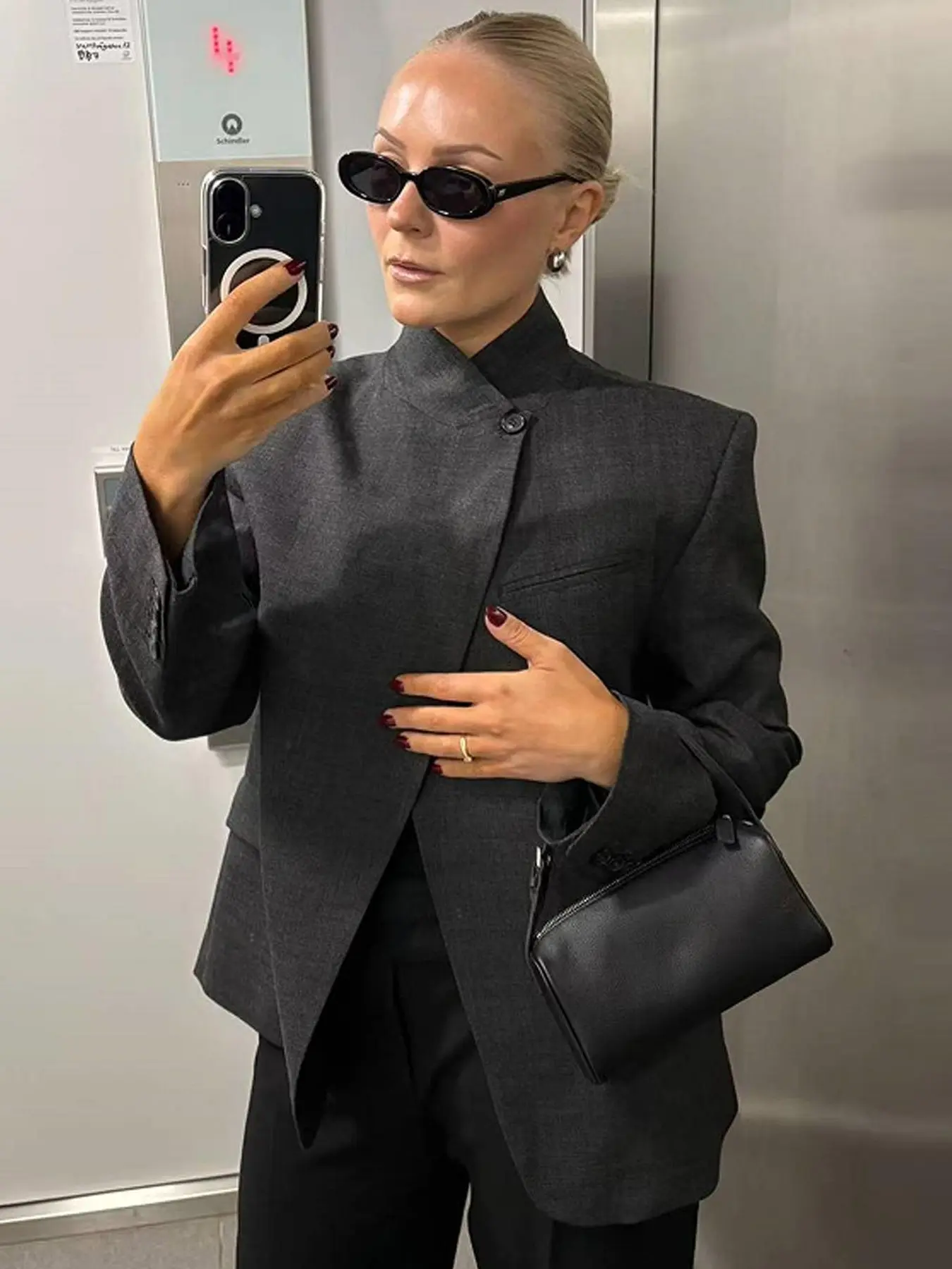 Vintage Asymmetric Jacket Women's Jacket Demi-Season Darkgrey Stand Collar Casual Blazer Long Sleeve Outerwears Retro Chic Style For Office & Streetwear Jacket