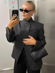 Vintage Asymmetric Jacket Women's Jacket Demi-Season Darkgrey Stand Collar Casual Blazer Long Sleeve Outerwears Retro Chic Style For Office & Streetwear Jacket