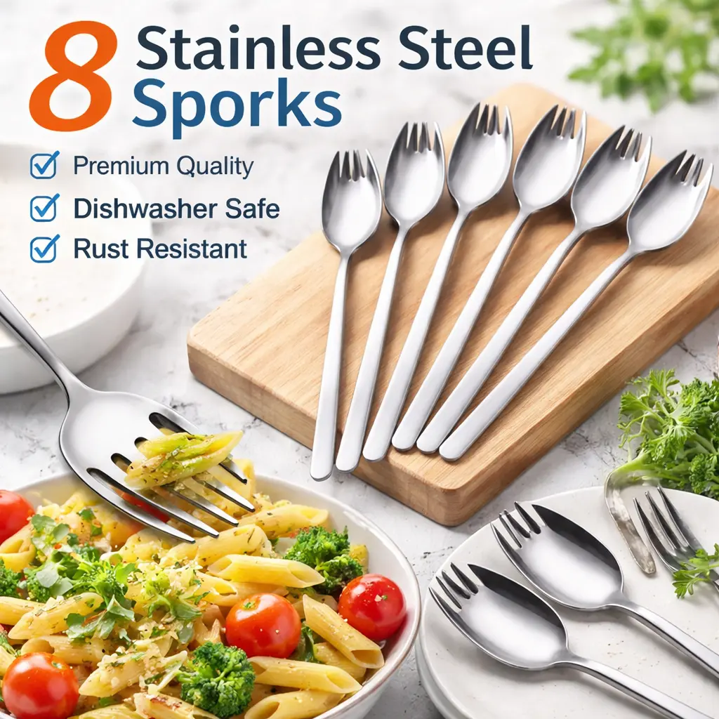 8pcs Stainless Steel Sporks - 18/10 Long Handle Cutlery, Reusable 7.4 Inch Utensils for Dessert, Fruit Appetizer