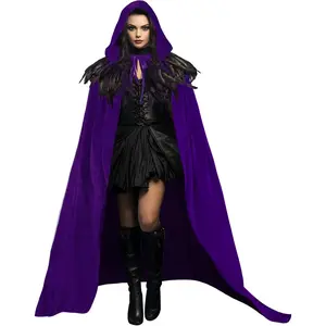 Unisex Solid Velvet Adult Full Length Hooded Robe Cape with Classic Gothic Feather Cloak Suit