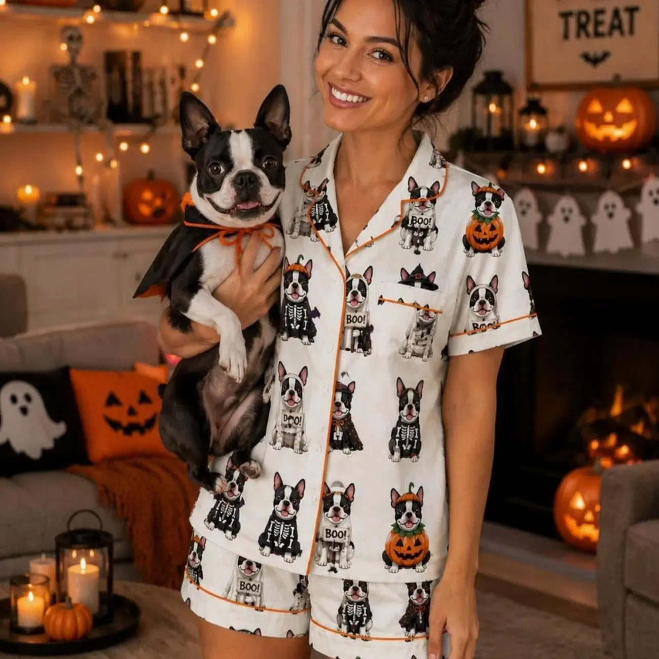 Halloween Boston Terrier Pajama Set, Matching Family Halloween PJs, Adult & Kids Dog Pajamas, Spooky Boston Terrier Sleepwear