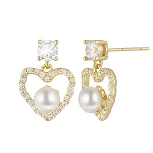 EAMTI Pearl Earrings for Women Trendy 925 Sterling Silver Freshwater Cultured Pearl Heart Drop Earrings Hypoallergenic