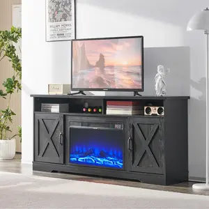 AMERLIFE Farmhouse TV Stand with 26" Fireplace, 63" Wood Rustic Entertainment Center with Fireplace and Barn Doors, Modern Media TV Console Cabinet
