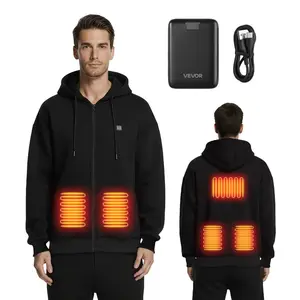 Unisex Fleece Heated Jacket Hoodie - Full-Zip Long Sleeve Top, 7.4V 16000mAh Power Bank, 5 Heating Zones, 3 Temp Levels, 4-8H Warmth, Durable Fabric, for Winter Outdoor Camping, Black, XXL