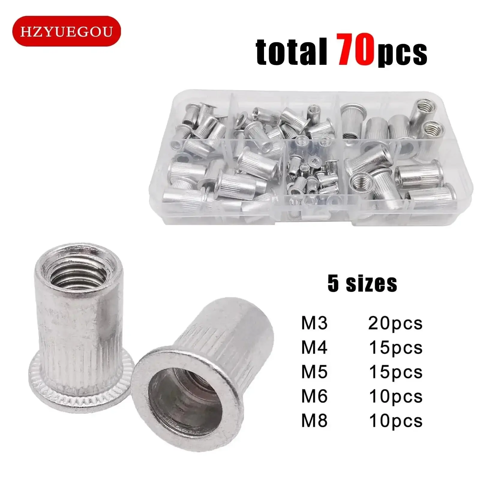 70-Piece 304 Stainless Steel Flat Head Blind Rivet Nuts Assortment Kit (5 Sizes: M3-M5, M6-M8, M4) - High Tensile Strength Threaded Inserts with Portable Storage Case for Sheet Metal Fixing, Thin Metals, DIY Maintenance, Furniture Assembly, 70 Pieces