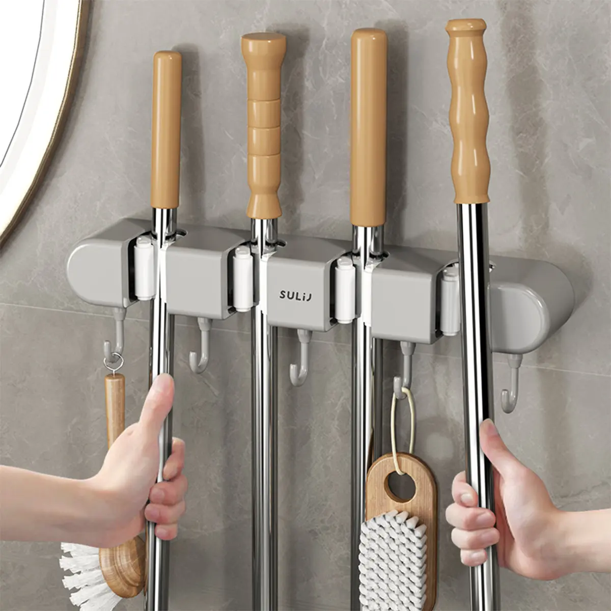 Broom Mop Holder with Hooks Wall Mounted Broom Storage Rack No Drilling Self-Adhesive Mop Broom Organizer Mop Holder Hanger for Bathroom Office Kitchen Closet Garage