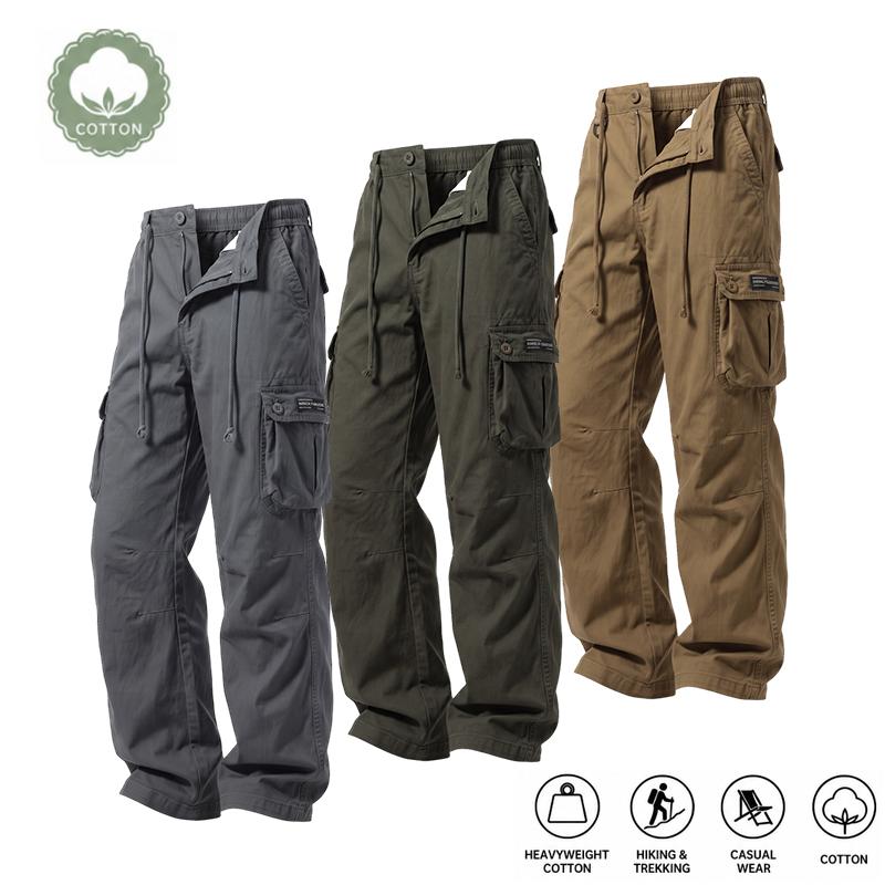 Men's Classic American-Style Heavy Cotton Cargo Pants - Mid Waist, Plain, Loose Cut, Durable, Breathable, Non-Overheating, Multi-Pocket, Button-Closure Trousers with Cuffed Hem for Hiking, Commuting