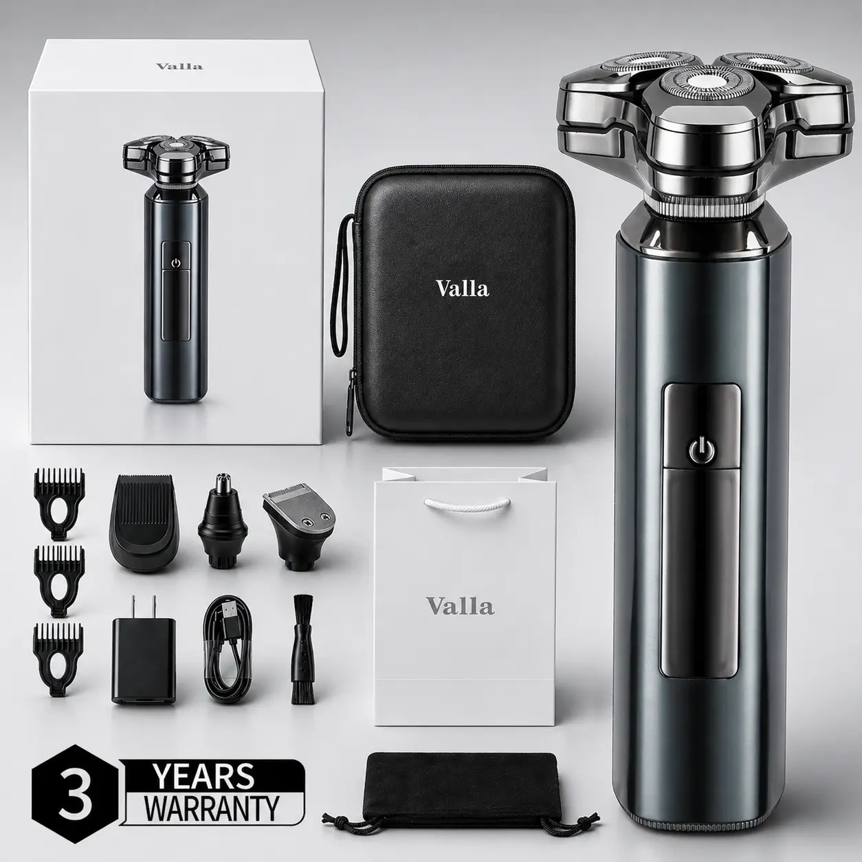 Valla Men's Electric Shaver - 3D Floating Head Rotary Model, IPX7 Waterproof Shaver Kit, Showerproof Cordless for Wet & Dry Shaving, USB-C Fast Charging Rechargeable, Shaving Products Gift Set for Chin, Universal Use, Showerproof Cordless Shaver