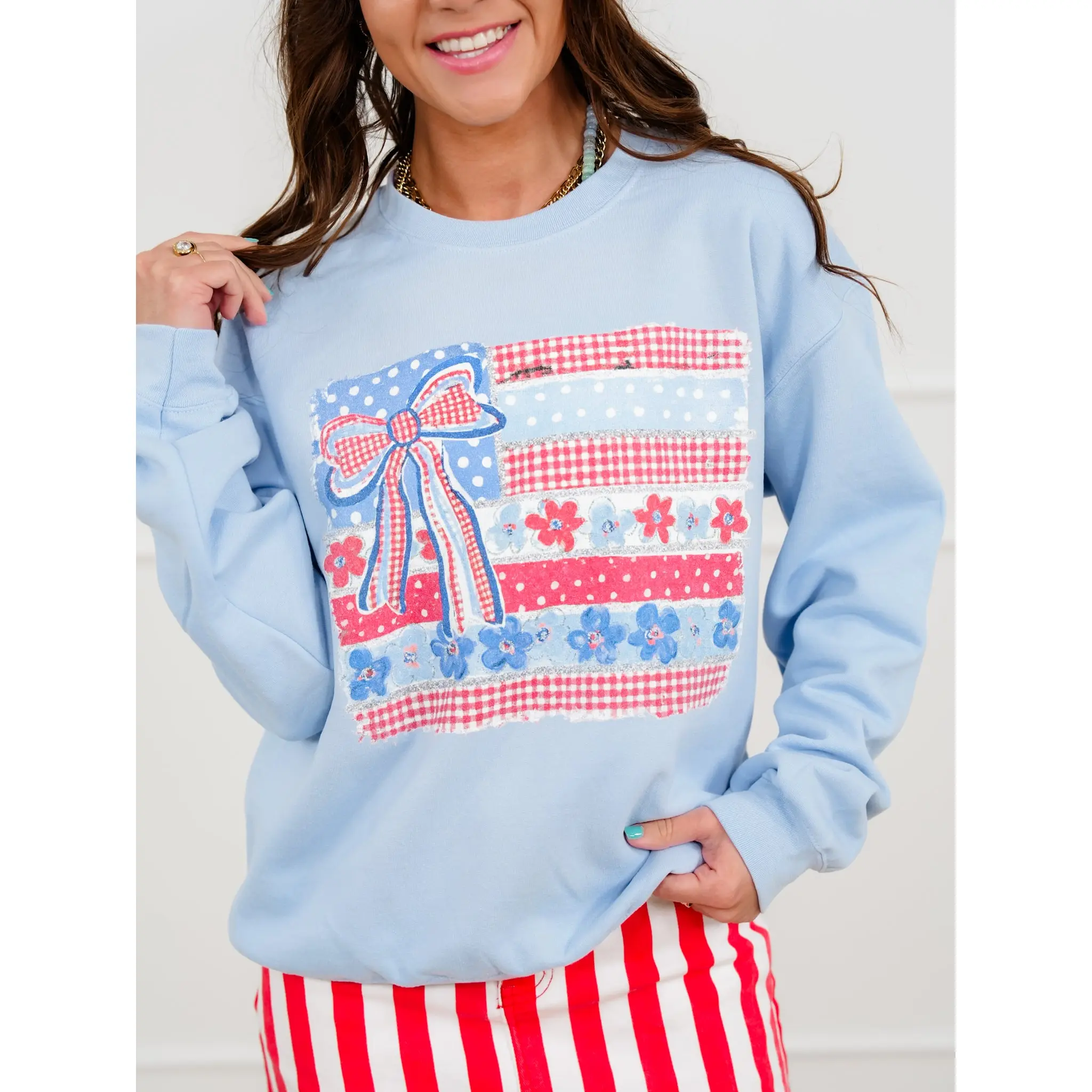 Plus/Reg Long Sleeve Floral American Flag Graphic Sweatshirt