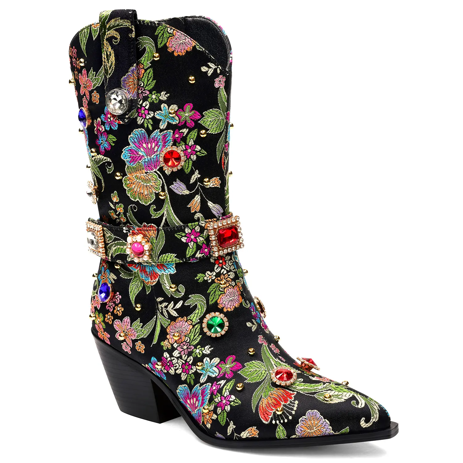 RONILURN Women's Mid-Calf Western Cowgirl Booties, Sparkly Rhinestone Floral Embroidered PU Leather Statement Shoes for Party & Festival, Cowboy Booties, Stiletto, Western Elegance, Floral Print, Rubber Sole, All Seasons, Western Ootd, Cowboy Aesthetic