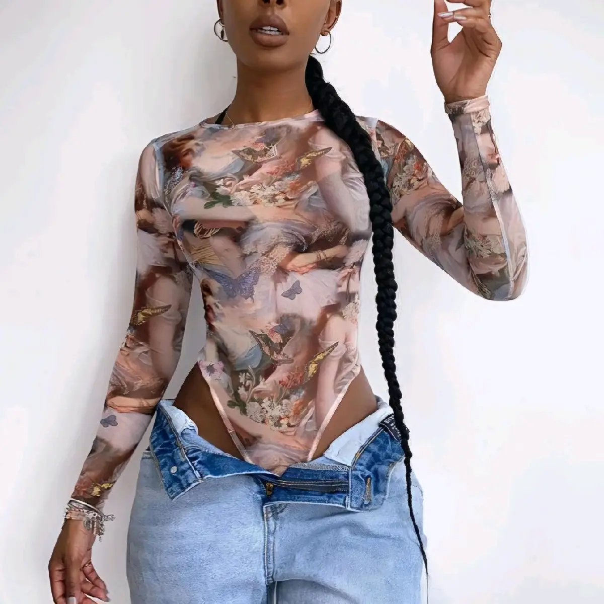 Women's Vintage Floral Bodysuit, Longsleeves Round Neck Top with a Fitted Cut, Romance Style Blouse for Cool Weather Evening Wear, Floral Pattern