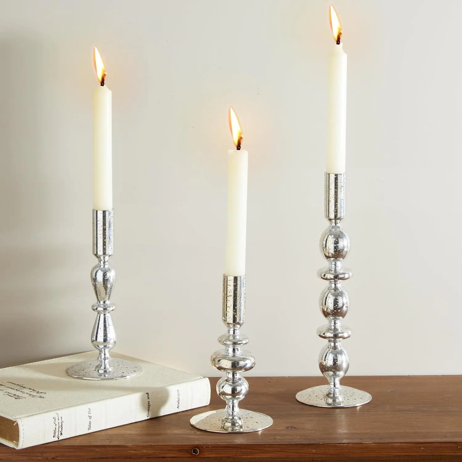 DN DECONATION Glass Candle Holder Set of 3, Mercury Silver Candlesticks Holders Candles Holder Home Decor Aesthetic for Table Centerpiece Wedding Decorations Housewarming Gift Living Room