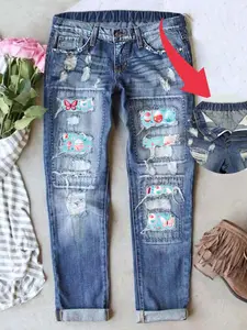 Women's Patch Ripped Distressed Mid-Waist Boyfriend Fit Washed Cute Easter Eggs Floral Print Casual Loose Denim Jeans Elastic Waistband Breathable Comfy for All Seasons