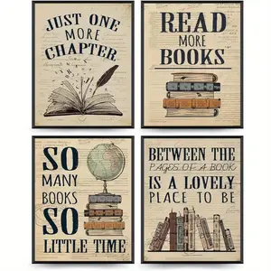 Reading Book Pattern Unframed Poster, 4 Counts/set Book Lovers Gifts, Vintage Wall Art for Reading Room Classroom Decor, Unframed Art Print