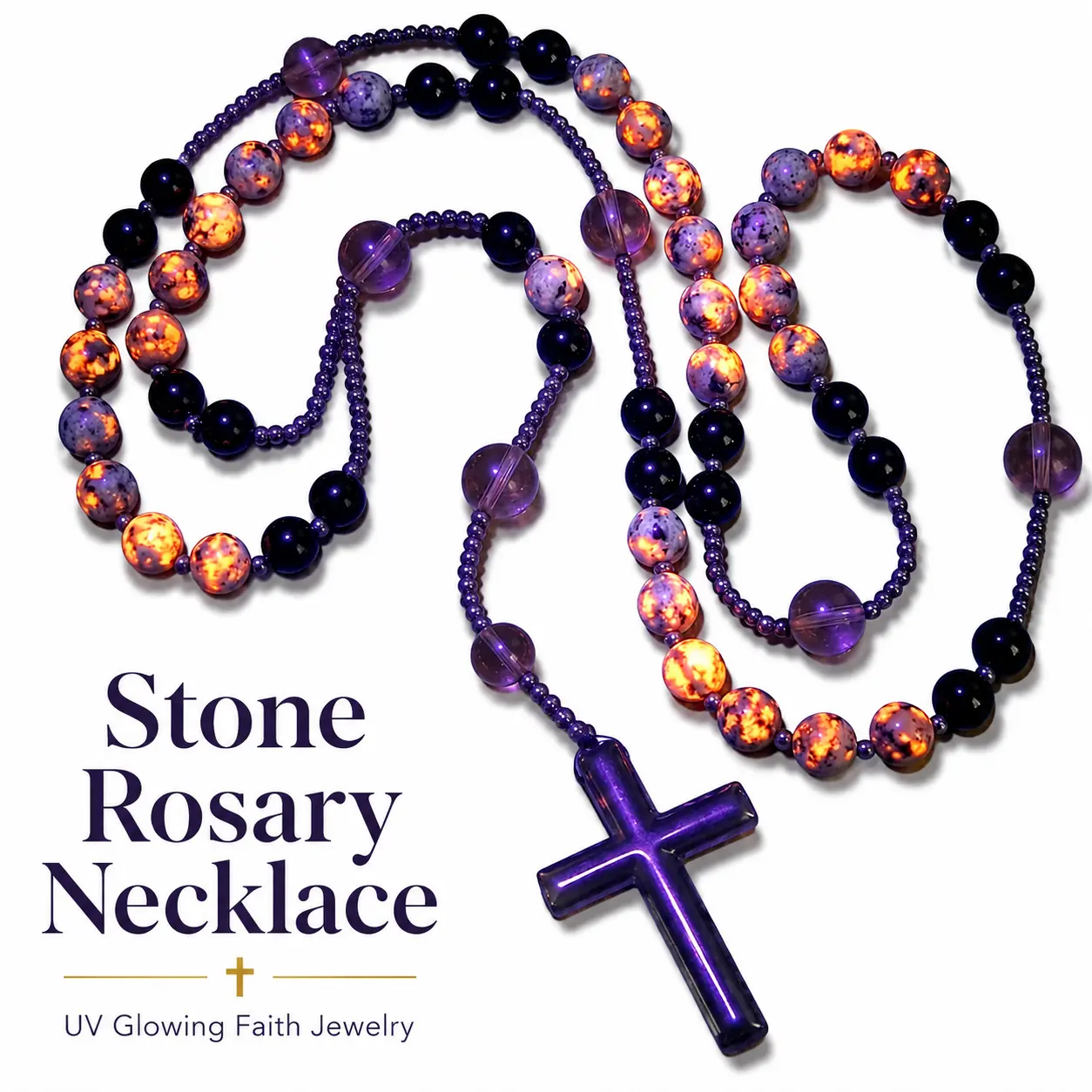 UV Reactive Hematite Rosary Necklace, Natural Stone Catholic Rosary Beads with Obsidian Cross Pendant, Glows Under UV Light, Christian Jewelry for Women & Men