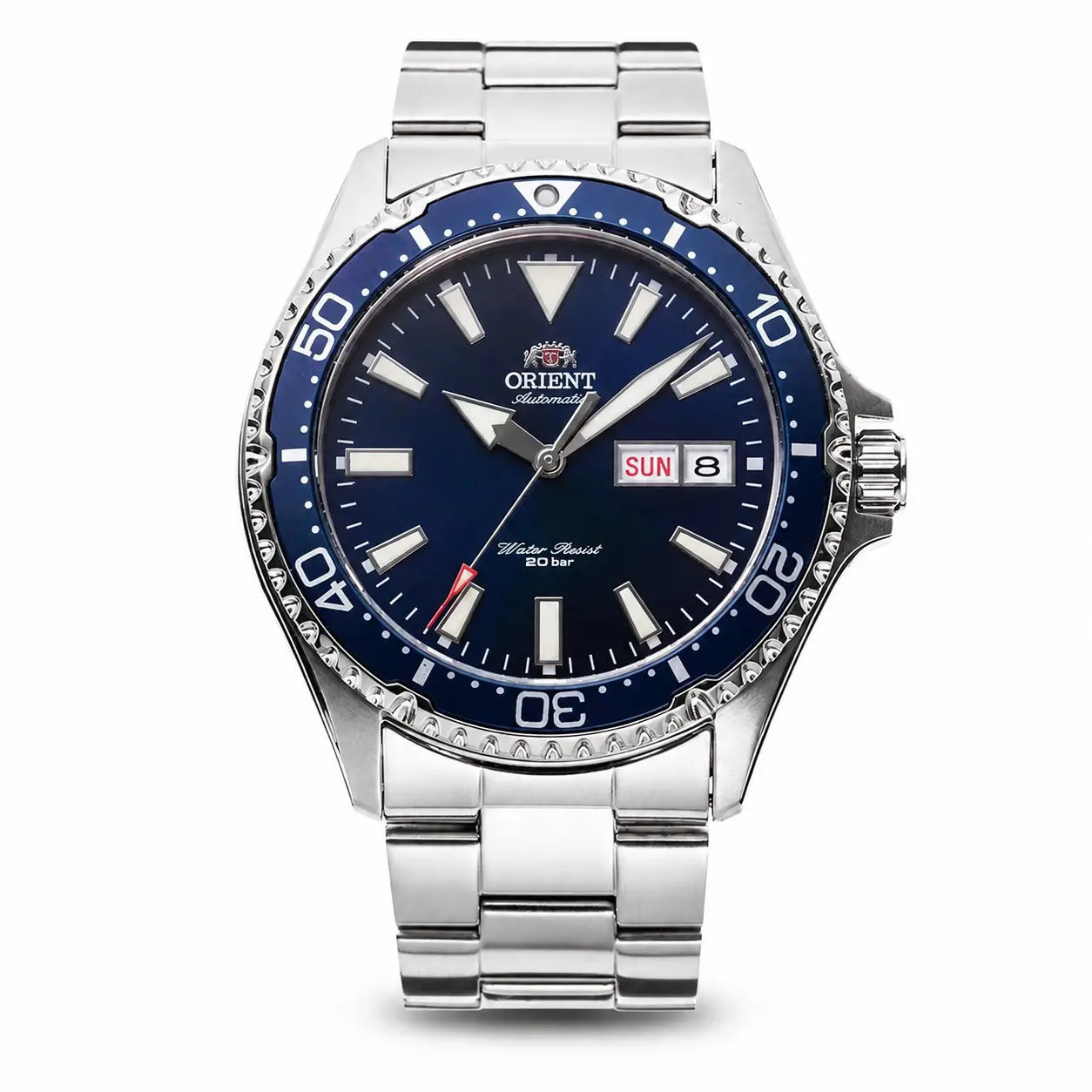 Orient Men's Stainless Steel Automatic Mechanical Diver Watch - Full Blue Rotating Bezel, Deep Blue Luminous Dial, Day-Date Display, 20Bar Water Resistant, Sport Diving Wristwatch, Ideal Gift for Gentlemen