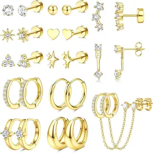 CASSIECA Flat Back Earrings Hypoallergenic Surgical Steel Earrings for Women Trendy Cartilage Chain Hoop Earring Studs 14K Gold Plated Star Heart CZ Flatback Stud Earring Sets for Multiple Piercing