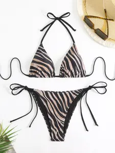 Two-Piece Set Women's Zebra Stripe Print Tie Shoulder Bikini Set, Casual Fashion Chic Swimsuit for Beach Holiday Vacation, Ladies Summer Clothes