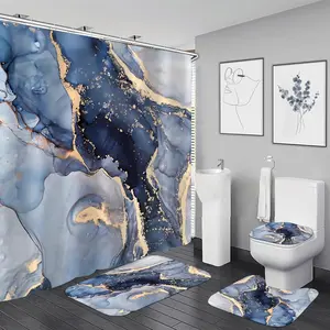 4 Pcs Blue Marble Shower Curtain Set Modern Abstract Bathroom Sets with Shower Curtain and Rugs Gold Fabric Shower Curtains for Bathroom Decor Accessories with Bath Rugs Toilet Lid Cover Hooks