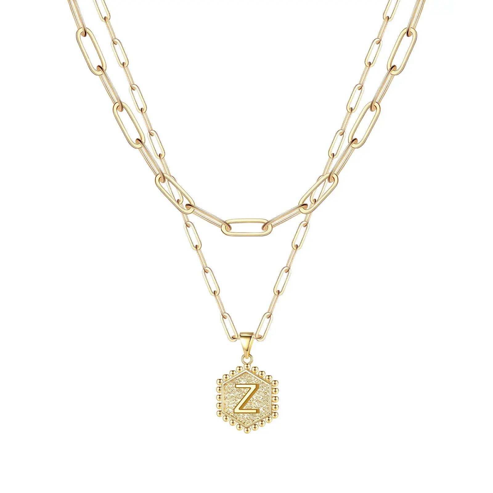 Falandra Initial Necklace, 18K Gold Plated Hexagon Alphabet Detail Pendant with Paperclip Chain - Monogram A-Z, Necklace Gift for Meaningful Gifts