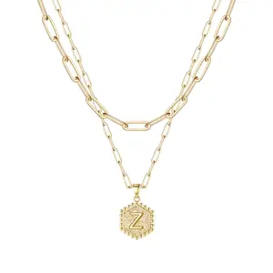 Falandra Initial Necklace, 18K Gold Plated Hexagon Letter Pendant with Paperclip Chain - Monogram from A-Z letter pendant طباعة حرف