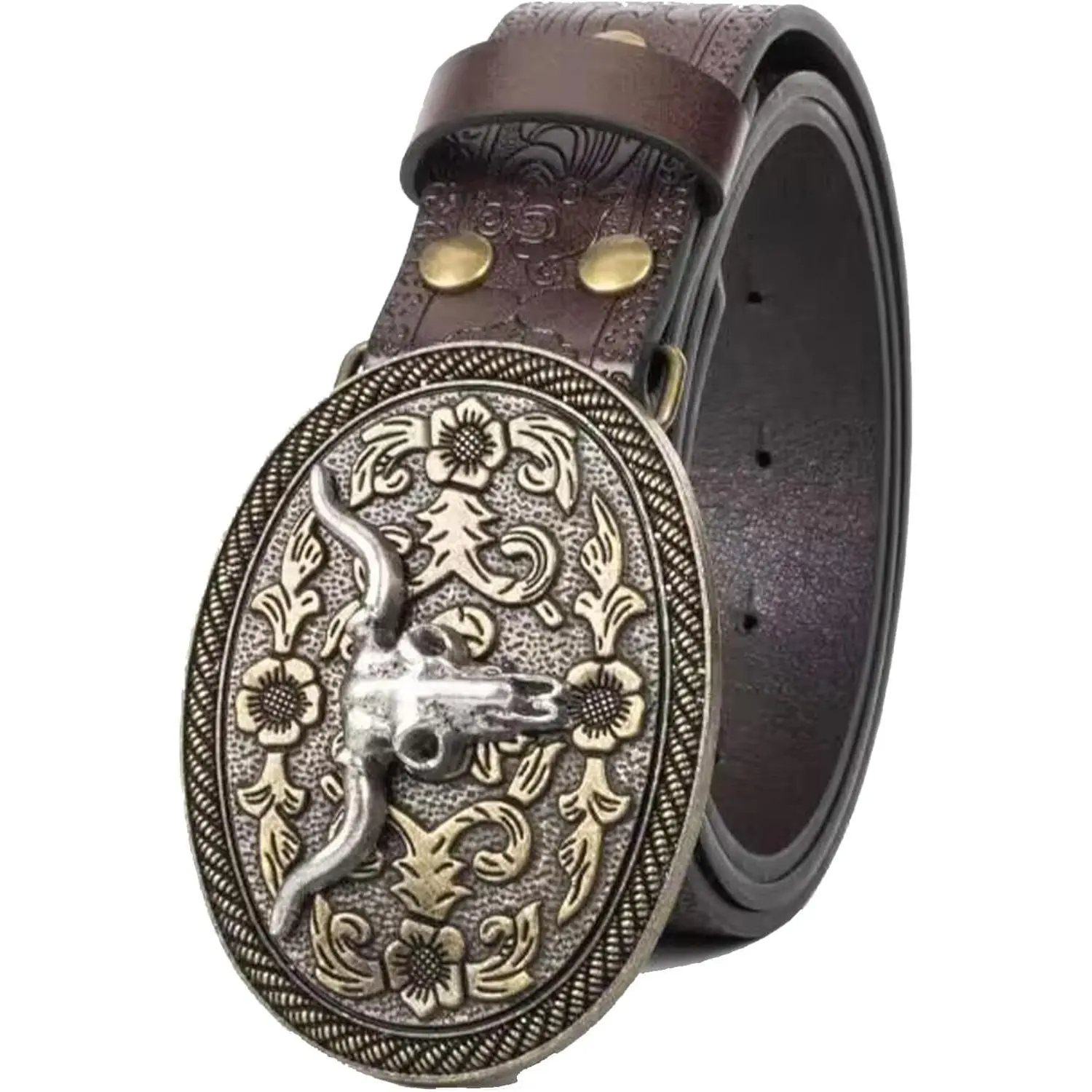 Longhorn-Western-Belt for Men Rodeo Embossed-Cowboy-Belt for Women Skull-Buckle Cowgirl-Belt for 32-40In Waist Jeans