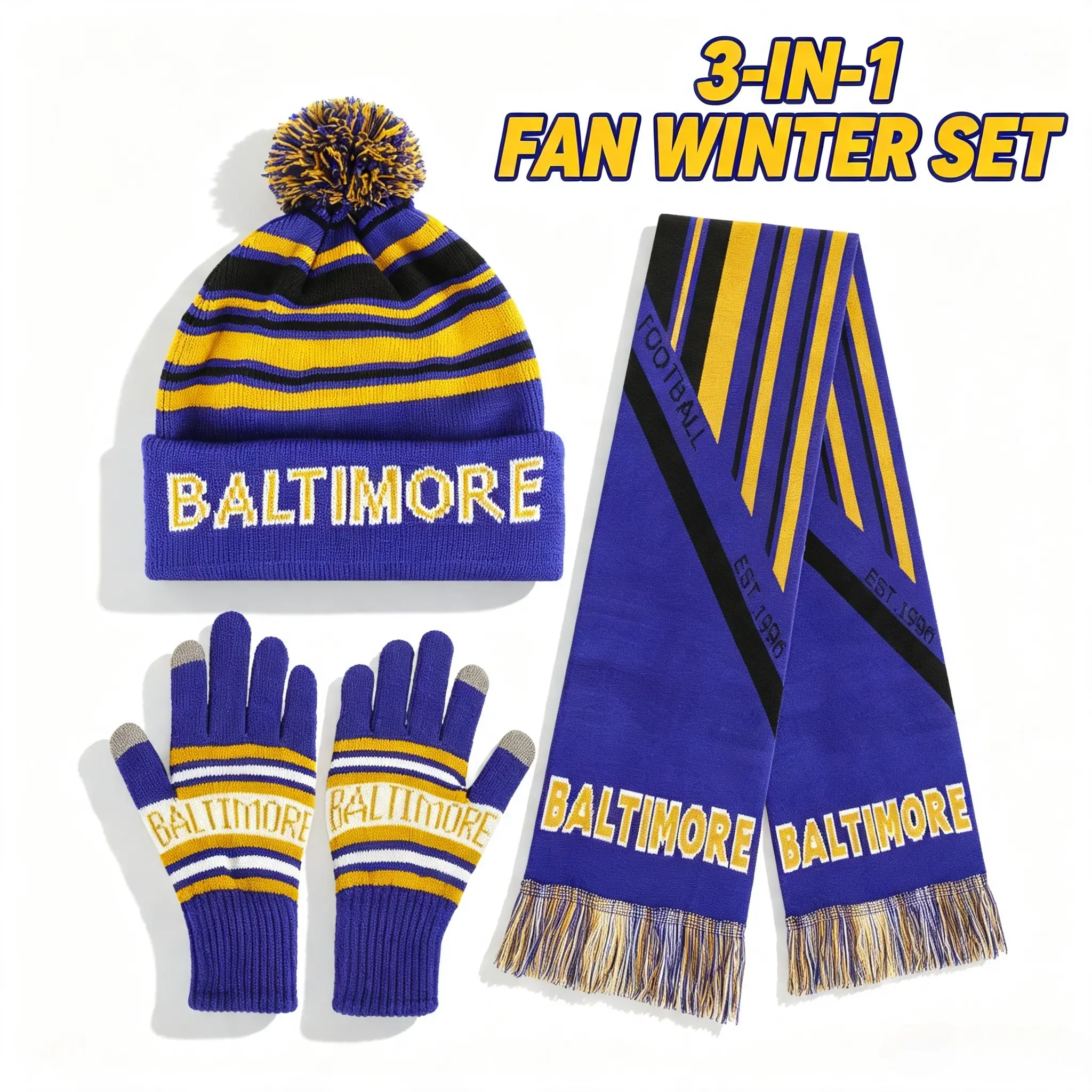 Baltimore Football Fan 3-Pieces Winter Warm Knit Set - Pom-Pom Hat, Scarf, Touchscreen Gloves for Game Day Cheerleading Fan Gear