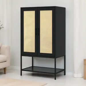 Modern Freestanding Wooden Wardrobe with 2 Rattan Doors, Open Storage Space, Closet Organizer System for Clothes, Easy Assemblable Design