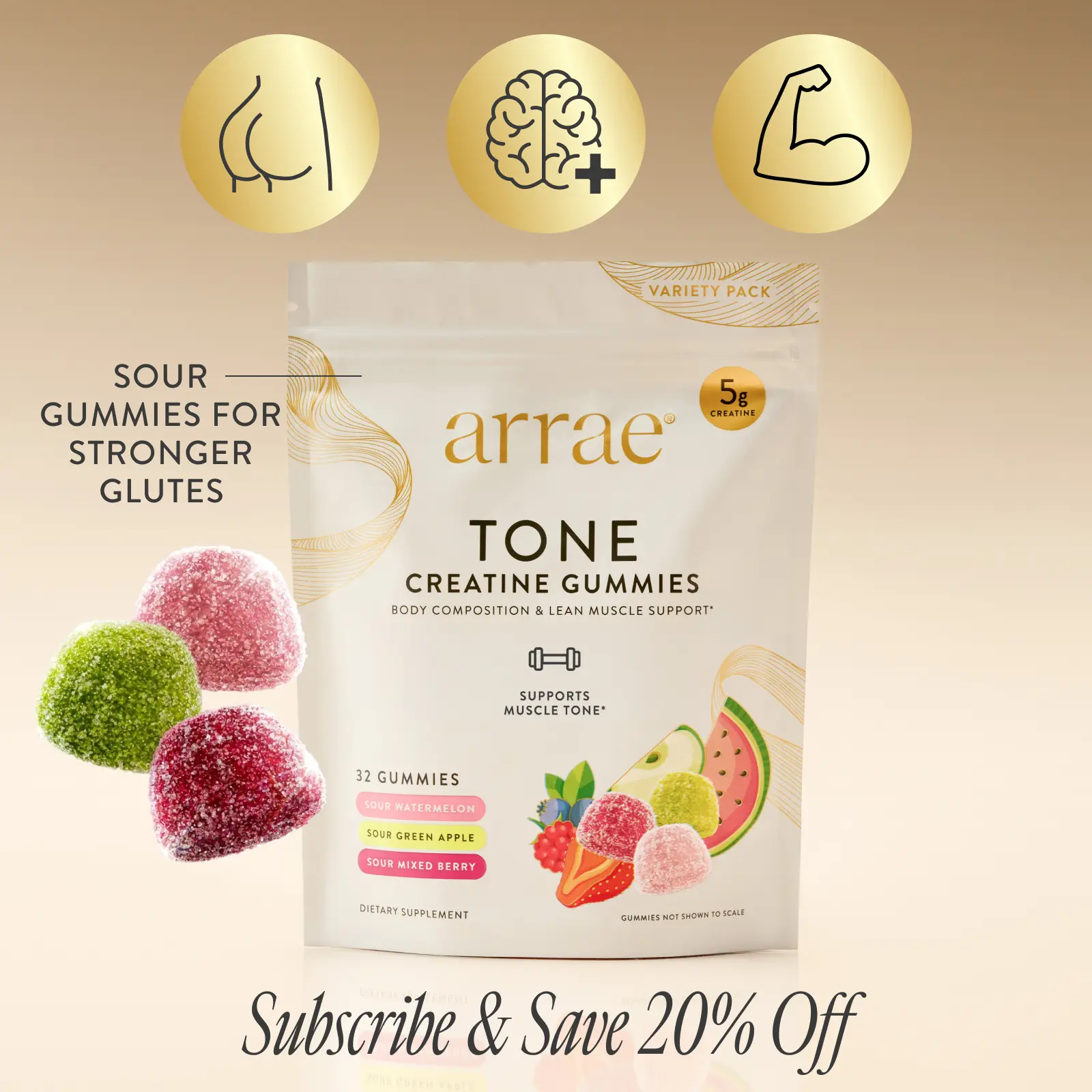 arrae Tone Variety Creatine Gummies | Assorted Sour Flavors (Watermelon, Green Apple, Mixed Berry)| Gut-Friendly Formula for Energy, Cognitive Health, Post-Workout Recovery