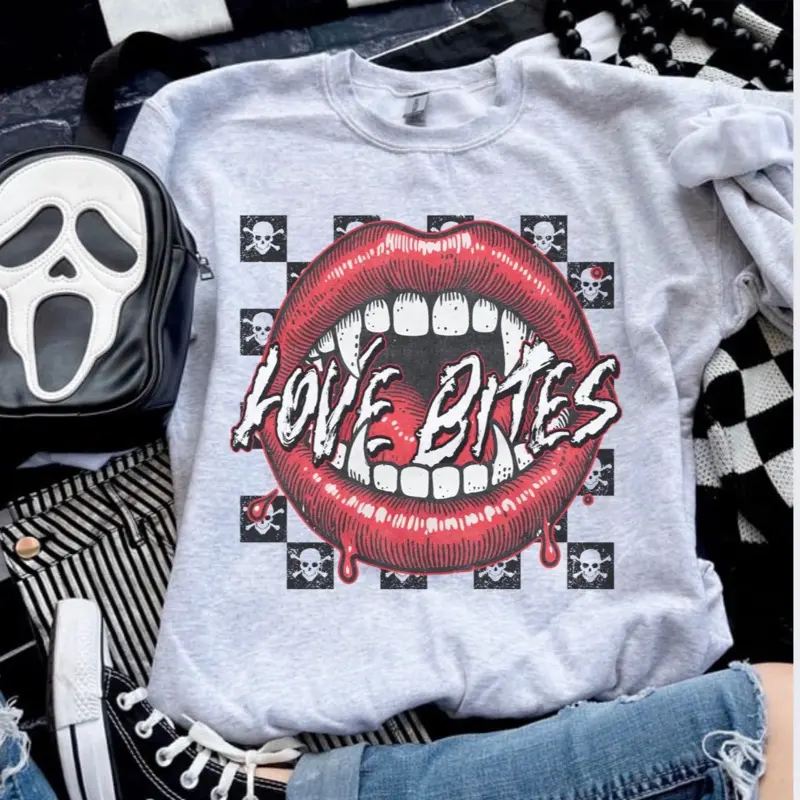 Love Bites Sublimation Sweatshirt - Ash Grey, Polyester Fabric Clothing, Anti-Valentine Jersey Sweatshirt with Sleeves