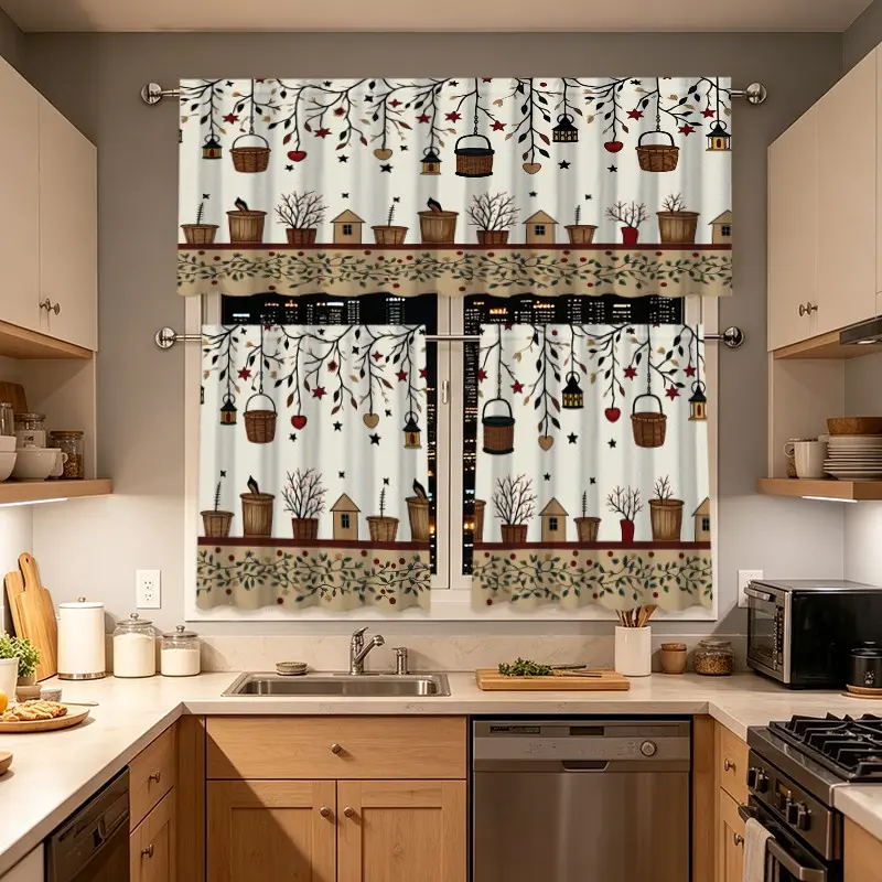 3pcs Vintage  Pastoral Style Leaf Basket pattern Curtains Window Curtain, Kitchen Living Room Decor Valance Set, Cafe Restaurant Curtain, Home Decorative Curtain, Ideal Choice for Home Enthusiasts