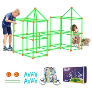 VEVOR Kids' Fort Building Kit, 140PCS Glow-in-the-Dark STEM Building Blocks Set, Educational Gift for 4-8+ Year-Olds, Indoor/Outdoor Play Tent Construction Toys with 96 Rods & 44 Balls