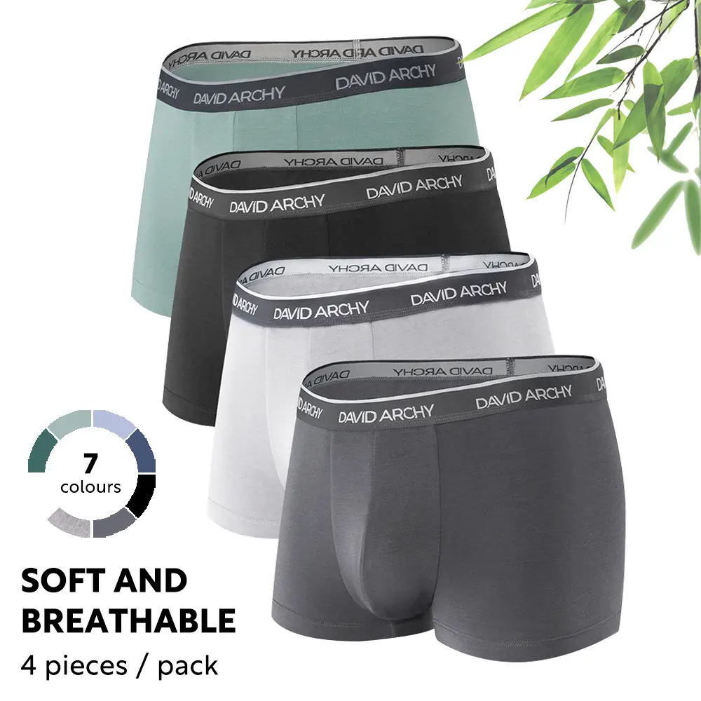 DAVID ARCHY Men's Bamboo Rayon Boxer Briefs - 4-Pack, Spandex Elastic Waist, Breathable, Soft, Plain, Stylish with Fly, Day Wear, Sportswear, Mensfashion Athletic Menswear Underwear, Fabric